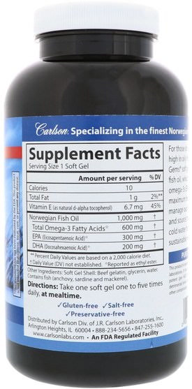 補充劑，efa omega 3 6 9（epa dha），dha，epa，魚油軟膠囊 - Carlson Labs, Super Omega-3 Gems, 180 Soft Gels