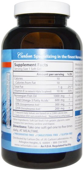 補充劑，efa omega 3 6 9（epa dha），dha，epa，魚油軟膠囊 - Carlson Labs, Super Omega-3 Gems, Fish Oil Concentrate, 1.000 mg, 180 Soft Gels