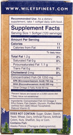 補充劑，efa omega 3 6 9（epa dha），dha，epa，魚油 - Wileys Finest, Wild Alaskan Fish Oil, Peak EPA, 1250 mg, 120 Fish Softgels
