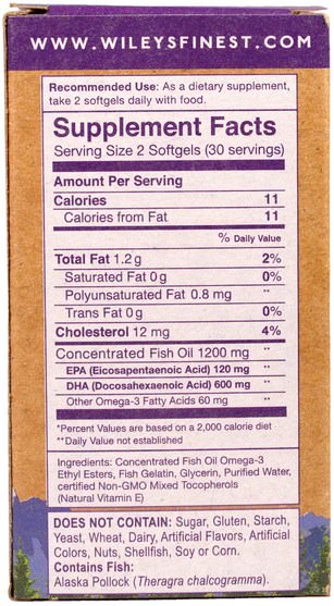 補充劑，efa omega 3 6 9（epa dha），dha，epa，魚油 - Wileys Finest, Wild Alaskan Fish Oil, Prenatal DHA, 600 mg, 60 Fish Softgels