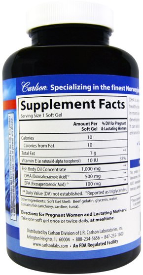 補充劑，efa omega 3 6 9（epa dha），dha，epa，健康，懷孕 - Carlson Labs, Mothers DHA, 500 mg, 120 Soft Gels
