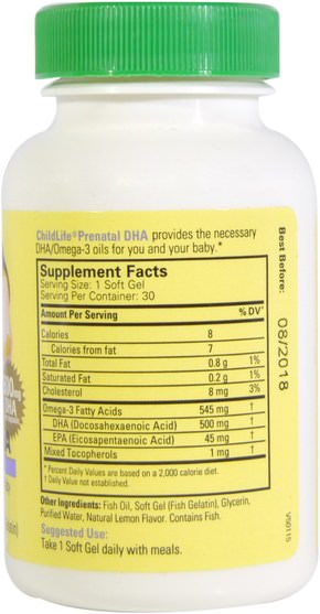 補充劑，efa omega 3 6 9（epa dha），dha，epa，健康，懷孕 - ChildLife, Prenatal DHA, Natural Lemon Flavor, 500 mg, 30 Soft Gel Capsules