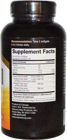補充劑，efa omega 3 6 9（epa dha），dha，epa - Natures Way, EFA Gold, Flax Oil, High Potency, 1300 mg, 200 Softgels