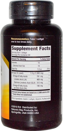 補充劑，efa omega 3 6 9（epa dha），dha，epa - Natures Way, EFAGold, Borage, 1300 mg, 60 Softgels