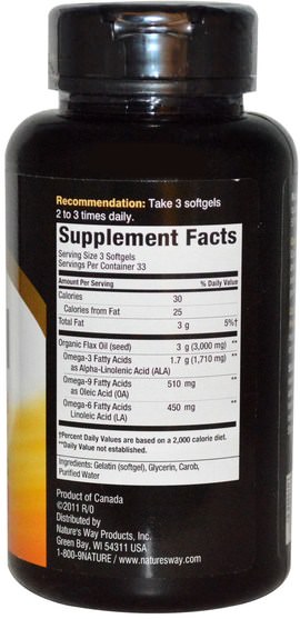 補充劑，efa omega 3 6 9（epa dha），dha，epa - Natures Way, EfaGold, Flax Oil, 1000 mg, 100 Softgels