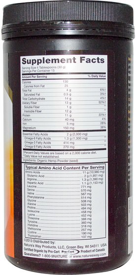 補充劑，efa omega 3 6 9（epa dha），dha，epa - Natures Way, Organic EfaGold, Hemp Protein & Fiber, Cold Milled Powder, 16 oz (454 g)