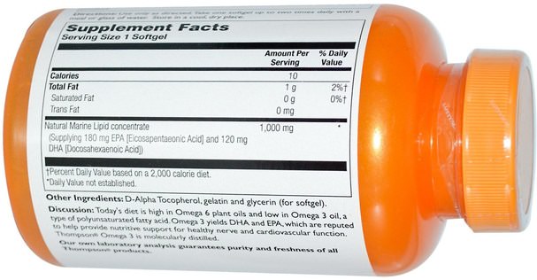 補充劑，efa omega 3 6 9（epa dha），dha，epa，omega 369 caps / tabs - Thompson, Omega 3, 1000 mg, 100 Softgels