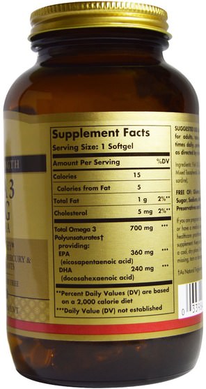 補充劑，efa omega 3 6 9（epa dha），dha，epa - Solgar, Omega-3, 700 mg, EPA & DHA, 120 Softgels