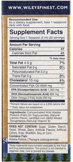 補充劑，efa omega 3 6 9（epa dha），dha，epa - Wileys Finest, Wild Alaskan Fish Oil, Kosher Fish Oil, Natural Lemon Flavor, 4.23 fl oz (125 ml)