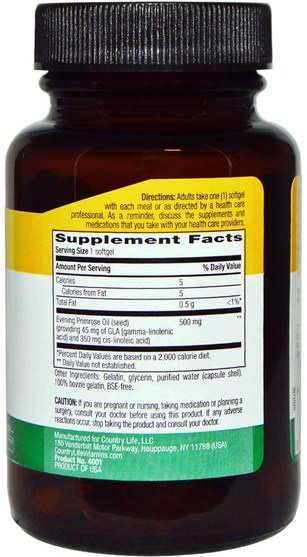 補充劑，efa omega 3 6 9（epa dha），月見草油，月見草油軟膠囊 - Country Life, Evening Primrose Oil, 500 mg, 60 Softgels