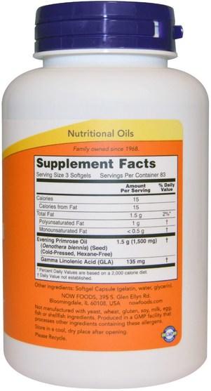 補充劑，efa omega 3 6 9（epa dha），月見草油，月見草油軟膠囊 - Now Foods, Evening Primrose Oil, 500 mg, 250 Softgels