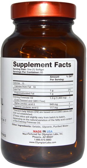補充劑，efa omega 3 6 9（epa dha），月見草油 - Olympian Labs Evening Primrose Oil, Extra Strength, 1.300 mg, 60 Softgels