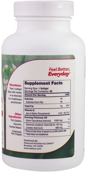 補充劑，efa omega 3 6 9（epa dha），月見草油 - Zahler, Evening Primrose Oil, 1000 mg, 90 Softgels