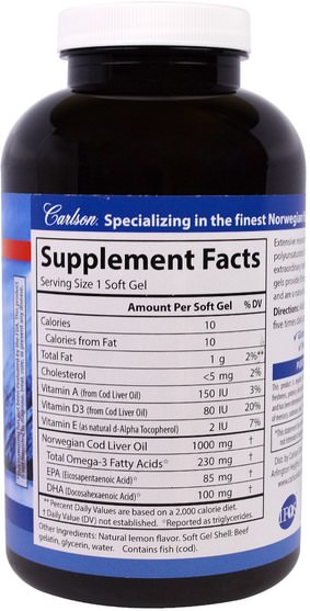 補充劑，efa omega 3 6 9（epa dha），魚油 - Carlson Labs, Cod Liver Oil Gems, Lightly Lemon, 1000 mg, 300 Soft Gels