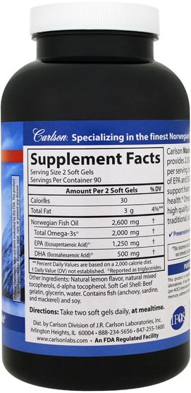 補充劑，efa omega 3 6 9（epa dha），魚油 - Carlson Labs, Maximum Omega 2000, 2.000 mg, 180 Softgels