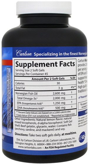補充劑，efa omega 3 6 9（epa dha），魚油 - Carlson Labs, Maximum Omega 2000, 2.000 mg, 90 Softgels