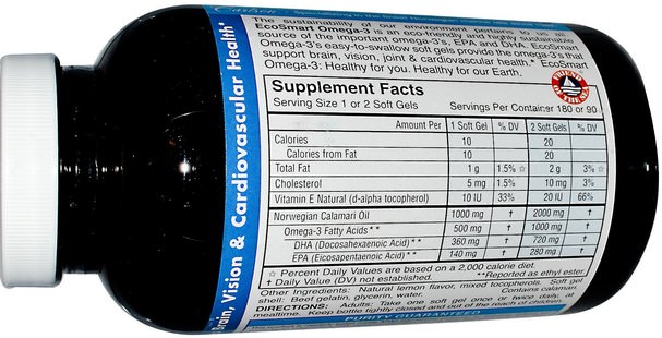 補充劑，efa omega 3 6 9（epa dha），魚油，魚油軟膠囊 - Carlson Labs, Norwegian EcoSmart Omega-3, Natural Lemon Flavor, 500 mg, 180 Softgels