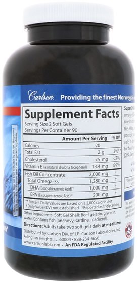 補充劑，efa omega 3 6 9（epa dha），魚油 - Carlson Labs, Super-DHA Gems, 180 Soft Gels