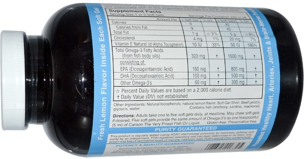 補充劑，efa omega 3 6 9（epa dha），魚油，魚油軟膠囊 - Carlson Labs, The Very Finest Fish Oil, 1000 mg, Lemon, 240 Soft Gels