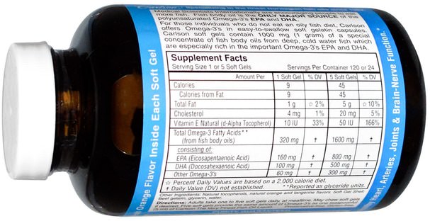 補充劑，efa omega 3 6 9（epa dha），魚油，魚油軟膠囊 - Carlson Labs, The Very Finest Fish Oil, Natural Orange, 1.000 mg, 120 Soft Gels