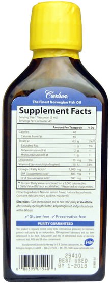 補充劑，efa omega 3 6 9（epa dha），魚油 - Carlson Labs, The Very Finest Fish Oil, Norwegian, Lemon, 6.7 fl oz (200 ml)