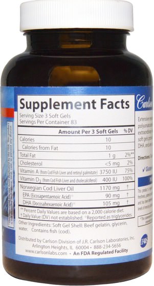 補充劑，efa omega 3 6 9（epa dha），魚油，魚肝油軟膠囊 - Carlson Labs, Cod Liver Oil, 390 mg, 250 Soft Gels