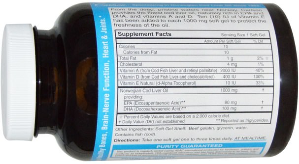 補充劑，efa omega 3 6 9（epa dha），魚油，魚肝油軟膠囊 - Carlson Labs, Cod Liver Oil Gems, 1000 mg, 100 Soft Gels