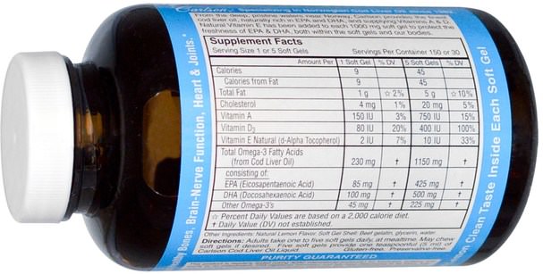 補充劑，efa omega 3 6 9（epa dha），魚油，魚肝油軟膠囊 - Carlson Labs, Cod Liver Oil Gems, Low Vitamin A, Natural Lemon Flavor, 1.000 mg, 150 Soft Gels