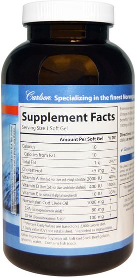 補充劑，efa omega 3 6 9（epa dha），魚油，魚肝油軟膠囊 - Carlson Labs, Cod Liver Oil Gems, Super, 1000 mg, 250 Soft Gels