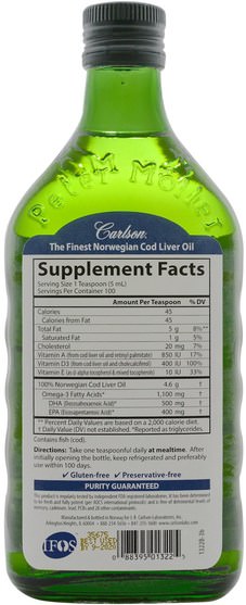 補充劑，efa omega 3 6 9（epa dha），魚油，魚肝油液 - Carlson Labs, Norwegian Cod Liver Oil, Regular Unflavored, 16.9 fl oz (500 ml)