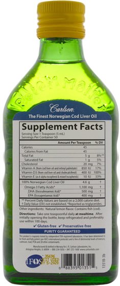 補充劑，efa omega 3 6 9（epa dha），魚油，魚肝油液 - Carlson Labs, Wild Norwegian Cod Liver Oil, Natural Lemon Flavor, 8.4 fl oz (250 ml)