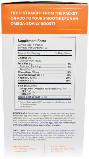 補充劑，efa omega 3 6 9（epa dha），魚油 - Coromega, Omega-3 Orange Squeeze, 90 Packets, 2.5 g Each