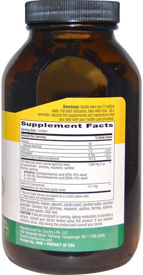 補充劑，efa omega 3 6 9（epa dha），魚油 - Country Life, Omega-3, 1000 mg, 200 Softgels