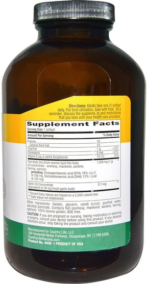 補充劑，efa omega 3 6 9（epa dha），魚油 - Country Life, Omega-3, 1000 mg, 300 Softgels