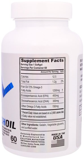 補充劑，efa omega 3 6 9（epa dha），魚油 - EVLution Nutrition, Fish Oil, 60 Softgels
