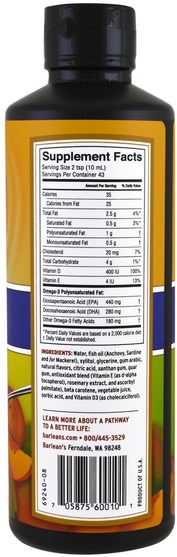 補充劑，efa omega 3 6 9（epa dha），魚油液體，barleans魚油 - Barleans, Omega Swirl, Fish Oil with Vitamin D Supplement, Mango Peach, 16 oz (454 g)
