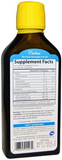 補充劑，efa omega 3 6 9（epa dha），魚油，魚油液體 - Carlson Labs, Kids, The Very Finest Fish Oil, Natural Lemon Flavor, 6.7 fl oz (200 ml)