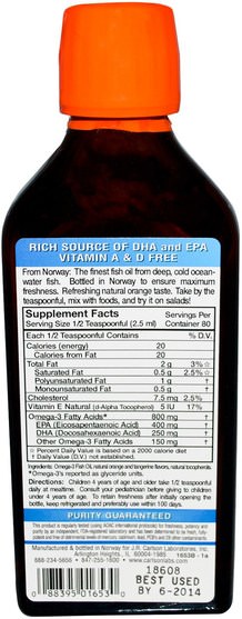 補充劑，efa omega 3 6 9（epa dha），魚油，魚油液體 - Carlson Labs, Kids,The Very Finest Fish Oil, Natural Orange Flavor, 6.7 fl oz (200 ml)