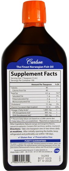 補充劑，efa omega 3 6 9（epa dha），魚油，魚油液體 - Carlson Labs, Norwegian, The Very Finest Fish Oil, Natural Orange Flavor, 16.9 fl oz (500 ml)