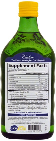 補充劑，efa omega 3 6 9（epa dha），魚油，魚油液體 - Carlson Labs, Wild Norwegian Cod Liver Oil, Natural Lemon, 16.9 fl oz (500 ml)