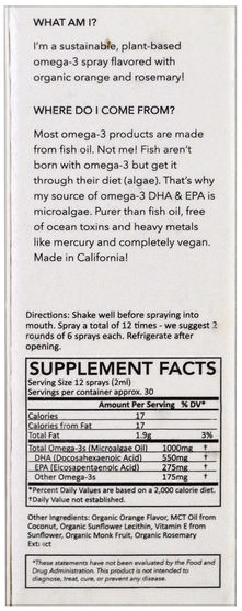 補充劑，efa omega 3 6 9（epa dha），魚油液體 - Ora, Nothing Fishy Here, Plant-Based Omega-3 Spray, Fresh Orange, 2 fl oz (60 ml)