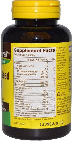 補充劑，efa omega 3 6 9（epa dha），魚油 - Mason Naturals, Coconut Oil / Flax Seed Omega 3-6-9, 60 Softgels