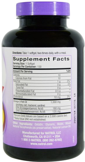 補充劑，efa omega 3 6 9（epa dha），魚油，魚油軟膠囊 - Natrol, Omega-3 Fish Oil, Lemon Flavor, 1.000 mg, 150 Softgels
