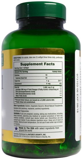 補充劑，efa omega 3 6 9（epa dha），魚油，魚油軟膠囊 - Natures Bounty, Fish Oil, 1000 mg, 145 Rapid Release Softgels