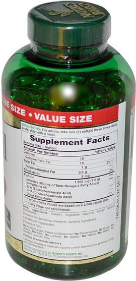 補充劑，efa omega 3 6 9（epa dha），魚油，魚油軟膠囊 - Natures Bounty, Fish Oil, 1200 mg, 320 Rapid Release Softgels