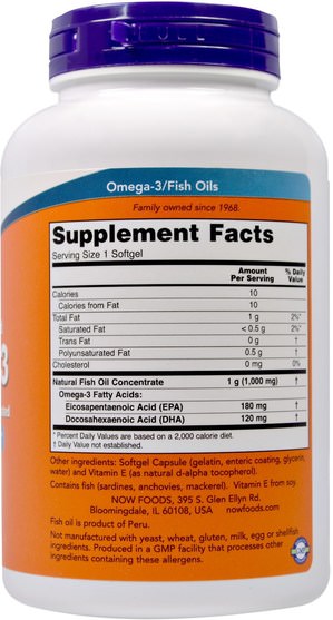 補充劑，efa歐米茄3 6 9（epa dha），魚油，魚油軟膠囊，歐米茄369粒/標籤 - Now Foods, Omega-3, 180 EPA/120 DHA, 180 Softgels