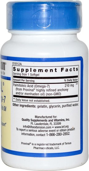 補充劑，efa omega 3 6 9（epa dha），魚油，魚油軟膠囊，omega-7 - Life Extension, Provinal Purified Omega-7, 30 Softgels