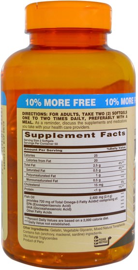 補充劑，efa omega 3 6 9（epa dha），魚油，魚油軟膠囊 - Sundown Naturals, Extra Strength Fish Oil, 1200 mg, 100 Softgels