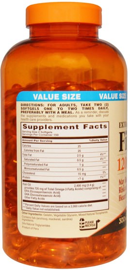 補充劑，efa omega 3 6 9（epa dha），魚油，魚油軟膠囊 - Sundown Naturals, Extra Strength Fish Oil, 1200 mg, 300 Softgels