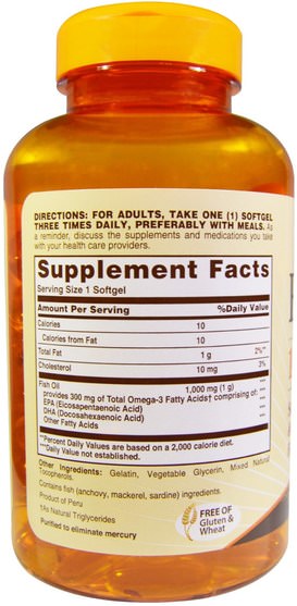 補充劑，efa omega 3 6 9（epa dha），魚油，魚油軟膠囊 - Sundown Naturals, Fish Oil, 1000 mg, 144 Softgels